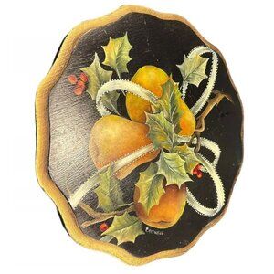 Vintage Wood Hand Painted Tole Plant Decor Display Stand 13" Pears Black Gold